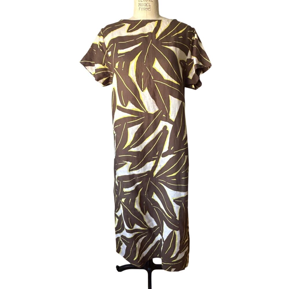 Whit Two Linen Dress in Brown Yellow Leaf Print Size Small Lightweight Anthro